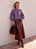 Women's Stylish, Warm, High-neck Purple Knit Sweater With Puff Sleeves ZMZ1497I4SWL