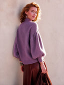 Women's Stylish, Warm, High-neck Purple Knit Sweater With Puff Sleeves ZMZ1497I4SWL