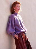 Women's Stylish, Warm, High-neck Purple Knit Sweater With Puff Sleeves ZMZ1497I4SWL