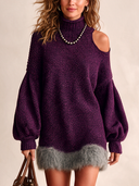 Women's Stylish Purple High-neck Knitted Mini Dress With Faux Fur Trim ZMZ1471I4SWL