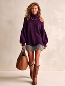 Women's Stylish Purple High-neck Knitted Mini Dress With Faux Fur Trim ZMZ1471I4SWL