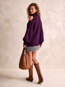 Women's Stylish Purple High-neck Knitted Mini Dress With Faux Fur Trim ZMZ1471I4SWL