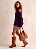 Women's Stylish Purple High-neck Knitted Mini Dress With Faux Fur Trim ZMZ1471I4SWL