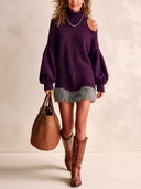 Women's Stylish Purple High-neck Knitted Mini Dress With Faux Fur Trim ZMZ1471I4SWL