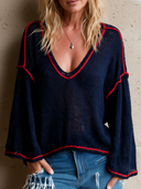 Women's Retro Casual Knit Color Block V-Neck Loose Pullover Sweater ZMZ1493I0ZJY