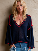 Women's Retro Casual Knit Color Block V-Neck Loose Pullover Sweater ZMZ1493I0ZJY