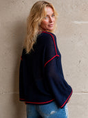 Women's Retro Casual Knit Color Block V-Neck Loose Pullover Sweater ZMZ1493I0ZJY