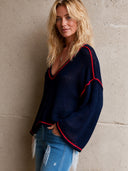 Women's Retro Casual Knit Color Block V-Neck Loose Pullover Sweater ZMZ1493I0ZJY