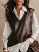 Women's Retro Casual Faux Leather Embossed V-Neck Loose Pullover Vest ZMZ1416I2ZJY