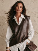 Women's Retro Casual Faux Leather Embossed V-Neck Loose Pullover Vest ZMZ1416I2ZJY