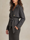 Women's Cropped Double-Breasted Trench Coat With Belt ZMZ1454I8YZH