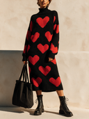 Women's Stylish Heart-Pattern Knit Turtleneck Long-Sleeve Midi Dress ZMZ1437I7SWL