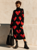 Women's Stylish Heart-Pattern Knit Turtleneck Long-Sleeve Midi Dress ZMZ1437I7SWL