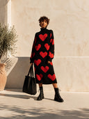 Women's Stylish Heart-Pattern Knit Turtleneck Long-Sleeve Midi Dress ZMZ1437I7SWL