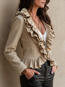 Women's Retro Casual Cotton Ruffle Short Jacket ZMZ1482I5ZJY