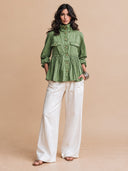 Women's Olive Green Ruffled Peplum Jacket With Gold Button Details ZMZ1412I0YZH
