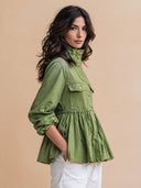 Women's Olive Green Ruffled Peplum Jacket With Gold Button Details ZMZ1412I0YZH