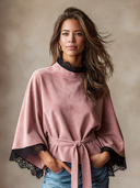 Women's French-style Relaxed Faux Suede Lace-trimmed Cape-style Short Trench Coat ZMZ1483I8XT
