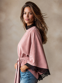 Women's French-style Relaxed Faux Suede Lace-trimmed Cape-style Short Trench Coat ZMZ1483I8XT