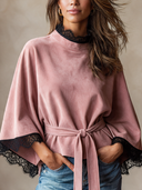 Women's French-style Relaxed Faux Suede Lace-trimmed Cape-style Short Trench Coat ZMZ1483I8XT