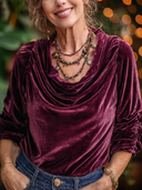 Women's Elegant Pleated Velvet Cowl-Neck Shirt ZMZ1033I0XT