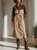 Women's American Retro Casual Corduroy And Faux Suede Patchwork Midi Dress ZMZ1581I7ZYY