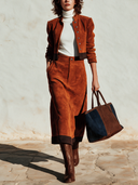 Women's Stylish Caramel-colored Faux Suede Cropped Jacket And Skirt Two-Piece Set ZMZ1516I5SWL