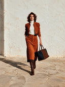 Women's Stylish Caramel-colored Faux Suede Cropped Jacket And Skirt Two-Piece Set ZMZ1516I5SWL