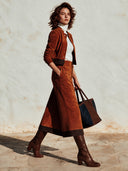 Women's Stylish Caramel-colored Faux Suede Cropped Jacket And Skirt Two-Piece Set ZMZ1516I5SWL