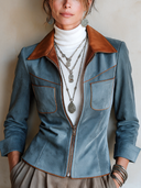 Women's Fashion Blue Faux Suede Color Block PU Leather Collar Slim Fit Zipper Jacket ZMZ1591I8SWL