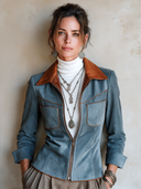 Women's Fashion Blue Faux Suede Color Block PU Leather Collar Slim Fit Zipper Jacket ZMZ1591I8SWL