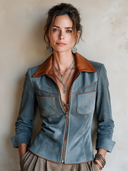 Women's Fashion Blue Faux Suede Color Block PU Leather Collar Slim Fit Zipper Jacket ZMZ1591I8SWL
