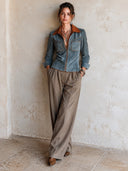 Women's Fashion Blue Faux Suede Color Block PU Leather Collar Slim Fit Zipper Jacket ZMZ1591I8SWL