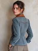 Women's Fashion Blue Faux Suede Color Block PU Leather Collar Slim Fit Zipper Jacket ZMZ1591I8SWL