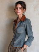 Women's Fashion Blue Faux Suede Color Block PU Leather Collar Slim Fit Zipper Jacket ZMZ1591I8SWL
