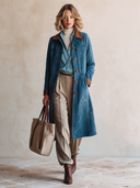 Women's Classic Blue Faux Suede Button-Front Knee-Length Coat ZMZ1567I4SWL