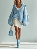 Women's Fashionable Light Blue Knitted Button-Front Hooded Cardigan ZMZ1516I9SWL