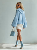 Women's Fashionable Light Blue Knitted Button-Front Hooded Cardigan ZMZ1516I9SWL