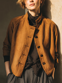 Women Stand Collar Asymmetric Button Cropped Jacket, Raglan Long Sleeve Loose Vintage Textured Outerwear For Fall ZMZ1590I5YZH