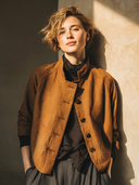 Women Stand Collar Asymmetric Button Cropped Jacket, Raglan Long Sleeve Loose Vintage Textured Outerwear For Fall ZMZ1590I5YZH