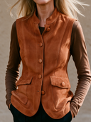 Women's Vintage Casual Solid-Color Faux Suede Stand-Collar Single-Breasted Vest ZMZ1558I8ZJY