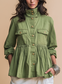 Women's Olive Green Ruffled Peplum Jacket With Gold Button Details ZMZ1412I0YZH