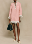 Women's Resort-Style Cotton Linen Patchwork Tassel Long-Sleeved Mini Dress ZMZ1545I2XT