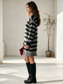 Women's Classic Casual Crew-Neck Horizontal-Stripe Long-Sleeve Loose-Fit Knit Mini Dress ZMZ1530I1ZYY