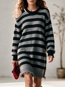Women's Classic Casual Crew-Neck Horizontal-Stripe Long-Sleeve Loose-Fit Knit Mini Dress ZMZ1530I1ZYY