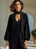 Women's American Retro Faux Suede V-Neck Studded Long-Sleeve Fishtail Maxi Dress ZMZ1503I9ZYY