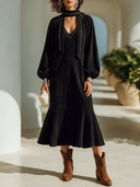 Women's American Retro Faux Suede V-Neck Studded Long-Sleeve Fishtail Maxi Dress ZMZ1503I9ZYY