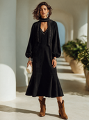Women's American Retro Faux Suede V-Neck Studded Long-Sleeve Fishtail Maxi Dress ZMZ1503I9ZYY