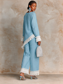 Women's Resort Style Cotton Linen Patchwork Lace Long-Sleeved Trousers Two-Piece Set ZMZ1588I3XT