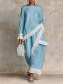 Women's Resort Style Cotton Linen Patchwork Lace Long-Sleeved Trousers Two-Piece Set ZMZ1588I3XT